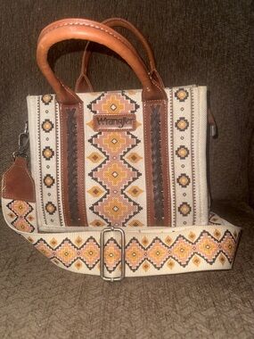 Wrangler Cream Canvas Tote with Brown Leather and Yellow-Orange Aztec Pattern
